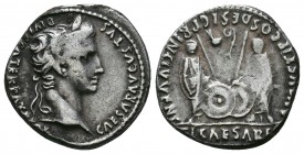 Augustus (27 BC - AD 14), Denarius, Lugdunum, 2 BC - AD 4; AR [CAESAR AV]GVSTVS - DIVI F PATER [PATRIAE], laureate head r., Rv. [AVGVSTI F COS DESIG] ...