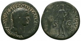 DOMITIAN (Caesar, 69-81). Sestertius. Rome.
Obv: CAES DIVI AVG VESP F DOMITIANVS COS VII.
Laureate head right.
Rev: PAX AVGVST / S - C.
Pax standing l...