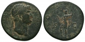 Hadrian (117-138), Sestertius, Rome, AD 125-128; AE , HADRIANVS - AVGVSTVS, laureate bust r., drapery on l. shoulder, Rv. COS - III, Virtus standing l...