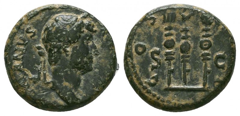 Hadrian Æ Semis or Quadrans. Rome, AD 125-128. HADRIANVS AVGVSTVS PP. Laureate, ...