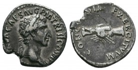 Nerva, AD 96-98. AR Denarius minted at Rome, AD 97. Laureate head right of Nerva. Reverse: Clasped hands holding legionary standard resting on prow. R...