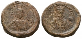 Lead seal of byzantine emperor ConstantineIX Monomachos (1042-1055)

Obverse:Bust of JesusChrist bearded, facial, with cruciger nimbus, wearing a tuni...