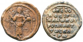 Lead seal of Romanos Skleros kouropalates(2nd half of 11th cent.)
Obverse: Archangel Michael full-size, standing, facial and nimbate, wearing imperial...
