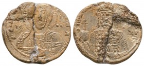 Lead seal of byzantine emperor John I Tzimiskes (969-976) (?)
Obverse:Bust of JesusChrist bearded, facial, with cruciger nimbus, wearing a tunic and h...