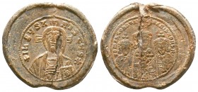 Lead seal of emperors Romanos I, Constantine VII, and Stephen
Obverse:Bustof Christ,facial, lightly bearded, wearing a tunic and himation. He raises h...
