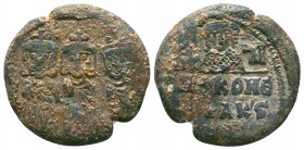 Lead seal of the imperial kommerkion of First Kilikia district(ca 9th cent.)
Obverse: In the upper half, bust of emperor, bearded, wearing a crown, in...