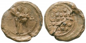 Lead seal of the Constantinos the eparch (?)(ca 12th cent.)
Obverse:Mother of God standing, facial, nimbate, wearing long chiton and maphorion, holdin...
