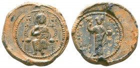 Lead seal of byzantine emperor AndronikosI Komnenos (1071-1078)
Obverse: Christ seated on a square-backed throne. The upper part of the throne is deco...