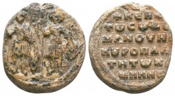 Lead seal of Manouel Komnenos the kouropalates

Obverse:Saints martyrs Georgeand Demetrios standing and facial in military garments, each holding a sp...