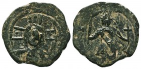 CRUSADERS, Counts of Edessa. Baldwin II. 1100-1118. Æ Follis. Armored figure of Baldwin left, holding sword and cross / Nimbate facing bust of Christ....