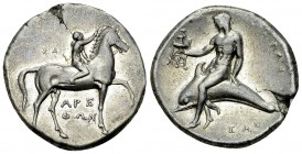Tarentum AR Nomos, c. 302-280 BC 

Calabria, Tarentum. AR Nomos (21 mm, 7.89 g), c. 302-280 BC, Sa..., Arethon and Cas..., magistrates.
Obv. ΣA - A...