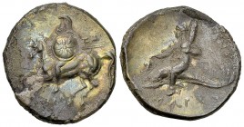 Tarentum AR Nomos, c. 280-272 BC 

Calabria, Tarentum. AR Nomos (22 mm, 6.35 g), c. 280-272 BC.
Obv. ΞΩ - AΠOΛΛΩ, Warrior on horse galloping to lef...