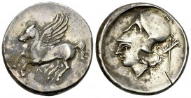 Leucas AR Stater, c. 300 BC 

Leucas, Acarnania. AR Stater (23 mm, 8.59 g), c. 300 BC.
Obv. Pegasos flying left, Λ below.
Rev. Head of Athena left...
