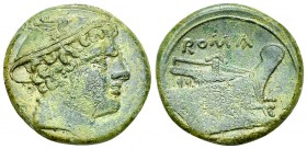 Anonymous AE Semuncia, c. 217-215 BC 

Anonymous. AE Semuncia (20 mm, 5.53 g), Rome, 217-215 BC. AE semuncia. 
 Obv. Head of Mercury to right, wear...