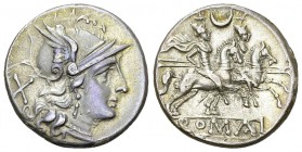Anonymous AR Denarius, 211-206 BC 

Anonymous. AR Denarius (17 mm, 3.23 g), Rome, 211-206 BC.
Obv. Helmeted head of Roma to right; X behind.
Rev. ...