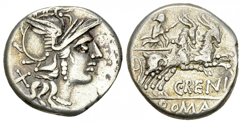 C. Renius AR Denarius, 138 BC 

C. Renius. AR Denarius (17 mm, 3.65 g), Rome, ...