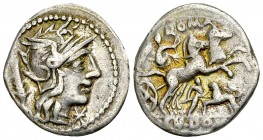 Cn. Domitius Ahenobarbus AR Denarius, 128 BC 

Cn. Domitius Ahenobarbus. AR Denarius (18-19 mm, 3.87 g), Rome, 128 BC.
Obv. Helmeted head of Roma t...