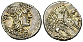 C. Servilius Vatia AR Denarius, 127 BC 

C. Servilius Vatia. AR Denarius (17-18 mm, 3.90 g), Rome, 127 BC.
Obv. Helmeted head of Roma to right, sta...