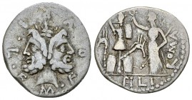 M. Furius L.f. Philus AR Denarius, 121 BC 

M. Furius L.f. Philus. AR Denarius (18-19 mm, 3.77 g), Rome, 121 BC.
 Obv. M·FOVRI·L·F, Laureate head o...