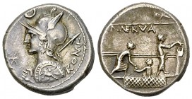 P. Licinius Nerva AR Denarius, 113 or 112 BC 

P. Licinius Nerva. AR Denarius (17 mm, 4.03 g), Rome, 113 or 112 BC.
Obv. Helmeted bust of Roma to l...