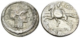 L. Manlius Torquatus AR Denarius, 113 or 112 BC 

L. Manlius Torquatus. AR Denarius (18-19 mm, 3.72 g), Rome, 113 or 112 BC.
Obv. Helmeted head of ...