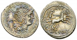 M. Lucilius Rufus AR Denarius, 101 BC 

M. Lucilius Rufus. AR Denarius (20-21 mm, 3.91 g), Rome, 101 BC.
 Obv. Helmeted head of Roma right; behind,...