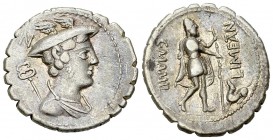 C. Mamilius Limetanus AR Denarius, 82 BC 

C. Mamilius Limetanus. AR Denarius serratus (19-20 mm, 3.98 g), Rome, 82 BC.
 Obv. Draped bust of Mercur...