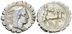 L. Procilius AR Denarius, 80 BC 

L. Procilius. AR Denarius serratus (19-21 mm, 4.04 g). Rome 80 BC.
Obv. Head of Juno Sospita right; behind, S·C. ...
