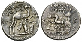 M. Aemilius Scaurus and P. Plautius Hypsaeus AR Denarius, 58 BC 

M. Aemilius Scaurus and P. Plautius Hypsaeus. AR Denarius (18 mm, 3.84 g), Rome, 5...