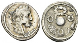Faustus Cornelius Sulla AR Denarius, 56 BC 

Faustus Cornelius Sulla. AR Denarius (18-20 mm, 3.50 g), Rome, 56 BC.
Obv. Head of Hercules to right, ...