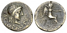 M. Porcius Cato Uticensis AR Quinarius, 47/46 BC 

M. Porcius Cato Uticensis . AR Quinarius (13 mm, 1.54 g), mint in Africa, 47/46 BC.
Obv. M. CATO...