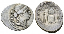 T. Carisius AR Denarius, 46 BC 

T. Carisius. AR Denarius (18-20 mm, 3.95 g). Rome, 46. 
Obv. MONETA, Draped bust of Juno Moneta to right.
Rev. T·...