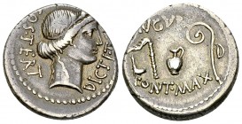 C. Julius Caesar AR Denarius, 46 BC 

C. Julius Caesar. AR Denarius (19 mm, 4.21 g), uncertain mint, possibly Utica, January-April 46 BC.
Obv. DICT...