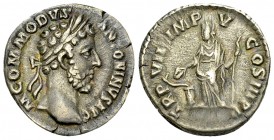 Commodus AR Denarius, Salus reverse 

Commodus (177-192 AD). AR Denarius (17 mm, 2.88 g), Rome, 182 AD.
Obv. M COMMODVS ANTONINVS AVG, Laureate hea...