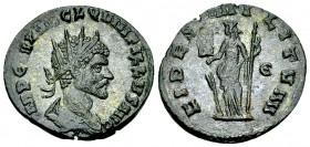 Quintillus AE Antoninianus, Fides reverse 

Quintillus (270 AD). AE Antoninianus (20-21 mm, 2.63 g), Rome.
 Obv. IMP C M AVR CL QVINTILLVS AVG, rad...