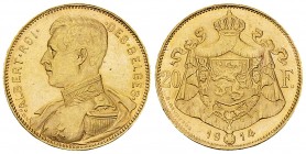 Belgium AV 20 Francs 1914 

Belgium. Albert. AV 20 Francs 1914 (6.44 g). "DES BELGES".
KM 78.

Good extremely fine.