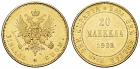 Finland AV 20 Markkaa 1903 L 

Finland. Grand Duchy. Nicholas II (1894-1917). AV 20 Markkaa 1910 L (6.45 g).
KM 9.2.

Extremely fine.