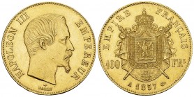 Napoléon III, AV 100 francs 1857 A, Paris 

France. Napoléon III. AV 100 Francs 1857 A (32.18 g), Paris.
Gad. 1135.

TTB à SUP.
