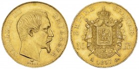 Napoléon III, AV 50 Francs 1857 A, Paris 

France. Napoléon III. AV 50 Francs 1857 A (16.08 g), Paris.
Gad. 1111.

Petit coup sur la tranche. TTB...