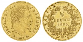 Napoléon III, AV 5 Francs 1865 BB 

France. Napoléon III. AV 5 Francs 1865 BB (1.60 g), Strasbourg.
Gad. 1002.

Rare dans cette qualité. Presque ...