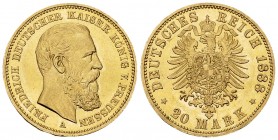 Preussen, AV 20 Mark 1888 A 

Deutschland. Preussen. Friedrich. AV 20 Mark 1888 A (7.97 g).
AKS 119.

Fast unzirkuliert.