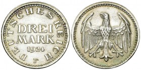 Weimarer Republik, AR 3 Reichsmark 1924 F 

Deutschland. Weimarer Republik. AR 3 Mark 1924 F (14.88 g).
AKS 30.

Gutes vorzüglich.