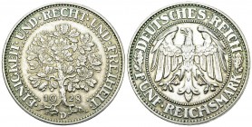 Weimarer Republik, AR 5 Reichsmark 1928 D, Eichbaum 

Deutschland. Weimarer Republik. AR 5 Reichsmark 1928 D (25.05 g), Eichbaum.
AKS 25.

Sehr s...