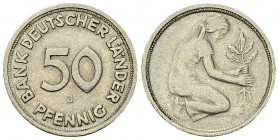 Deutschland, 50 Pfennig 1949, ohne Jahrgang 

Deutschland. Fehlprägungen. 50 Pfennig 1949 (3.51 g), ohne Jahrgang.
J. 379.

Vorzüglich.