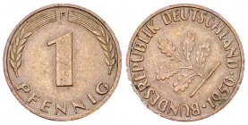 Deutschland, 1 Pfennig 1950 F, ca. 50° verdreht 

Deutschland, Bundesrepublik. Fehlprägungen. 1 Pfennig 1950 F (2.01 g), Vorder- zur Rückseite um ca...