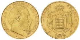 Monaco AV 20 Francs 1879 A, Paris 

Monaco. Charles III (1856-1889). AV 20 Francs 1879 A (6.45 g), Paris.
Gad. 120.

Very fine to extremely fine.