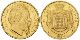 Monaco AV 100 Francs 1886 A, Paris 

Monaco. Charles III (1856-1889). AV 100 Francs 1886 A (35 mm, 32.26 g), Paris.
Gad. 122.

In excellent condi...
