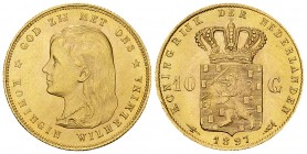 Netherlands AV 10 Gulden 1897 

Netherlands. Wilhelmina. AV 10 Gulden 1897 (6.71 g).
KM 118.

Uncirculated.
