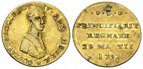 Sweden AE Jeton 1792 

Sweden. Gustav Adolf IV. AE Jeton 1792 (20 mm, 2.79 g), auf den Beginn der Regierung am 29. März 1792.

Vorzüglich.
