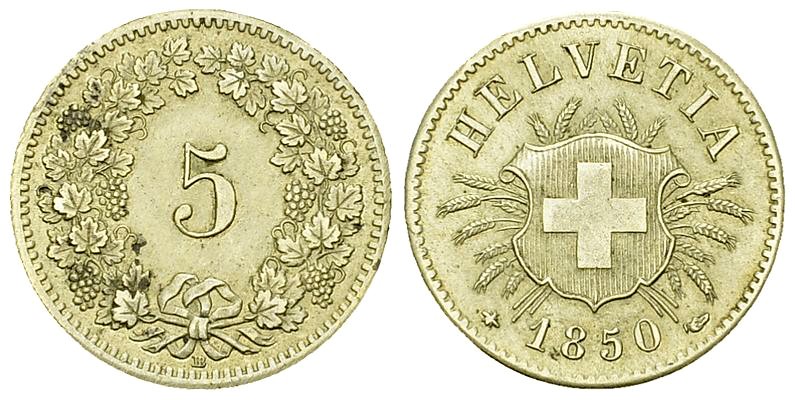 Schweiz, BI 5 Rappen 1850 BB 

Schweiz, Eidgenossenschaft. BI 5 Rappen 1850 BB...